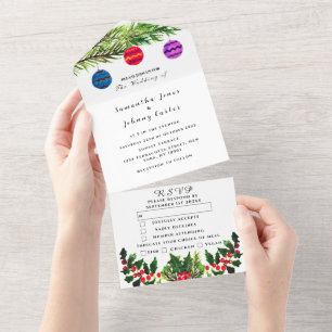 Invitation Tout En Un Mariage d'aquarelle d'hiver du pin vert