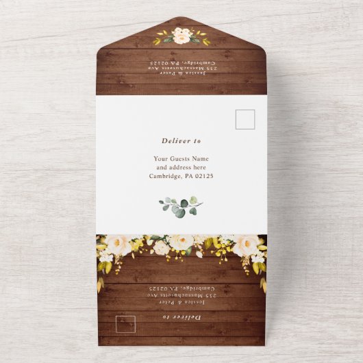 Invitation Tout En Un Mariage d'aquarelle en bois rustique Rose (Dehors)