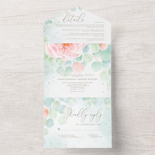 Invitation Tout En Un Mariage d'aquarelle Eucalyptus Peony (À l'intérieur)