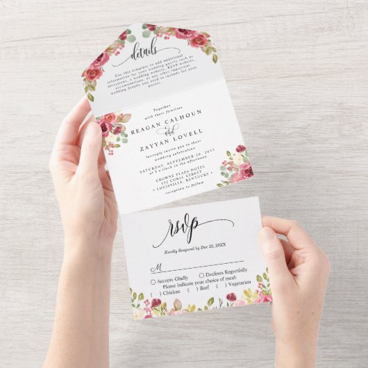 Invitation Tout En Un Mariage d'aquarelle florale de Merlot rouge (Déchirure)