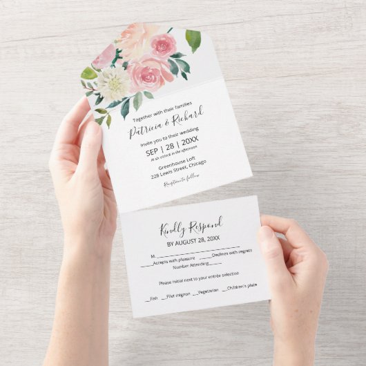 Invitation Tout En Un Mariage d'aquarelle florale rose pâle (Déchirure)