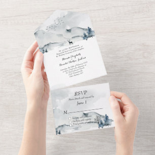 Invitation Tout En Un Mariage d'aquarelle Foggy Mountains