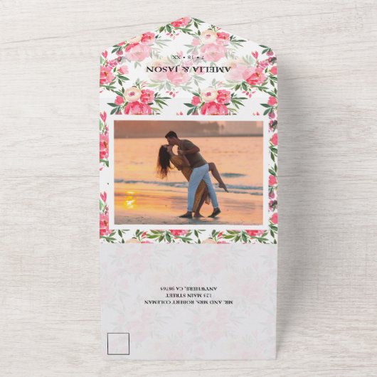 Invitation Tout En Un Mariage d'aquarelle Pink Peonies (Dehors)