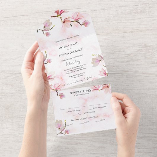 Invitation Tout En Un Mariage d'aquarelle rose Magnolia (Déchirure)