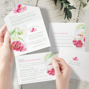 Invitation Tout En Un Mariage d'aquarelle rouge vert eucalyptus