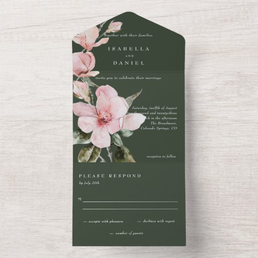 Invitation Tout En Un Mariage d'aquarelle vert classique Magnolia (À l'intérieur)