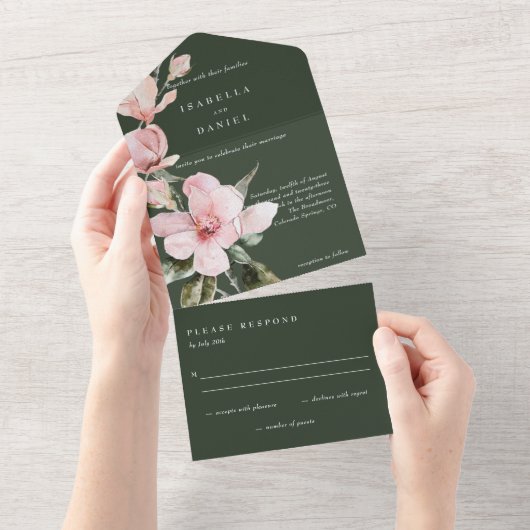 Invitation Tout En Un Mariage d'aquarelle vert classique Magnolia (Déchirure)