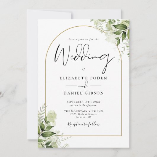 Invitation Tout en un Mariage d'arc d'or de verdure rustique (Devant)