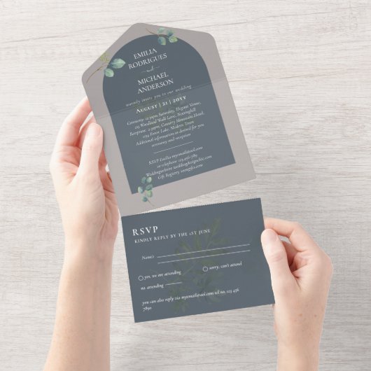 Invitation Tout En Un Mariage d'arc Eucalyptus 3in1 vert RSVP (Déchirure)