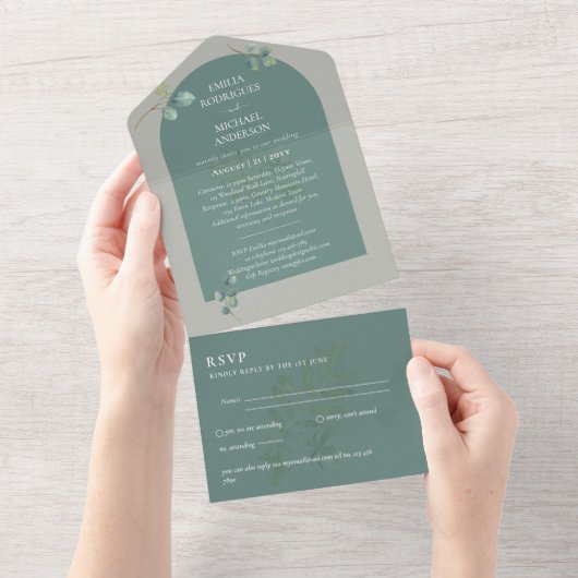 Invitation Tout En Un Mariage d'arc Eucalyptus 3in1 vert RSVP (Déchirure)