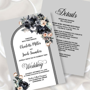 Invitation Tout en un Mariage d'arc gris floral noir