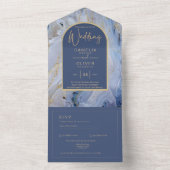 Invitation Tout En Un Mariage d'arche en marbre moderne bleu or (À l'intérieur)
