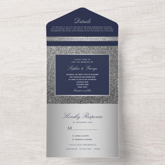 Invitation Tout En Un Mariage d'argent bleu marine moderne (À l'intérieur)