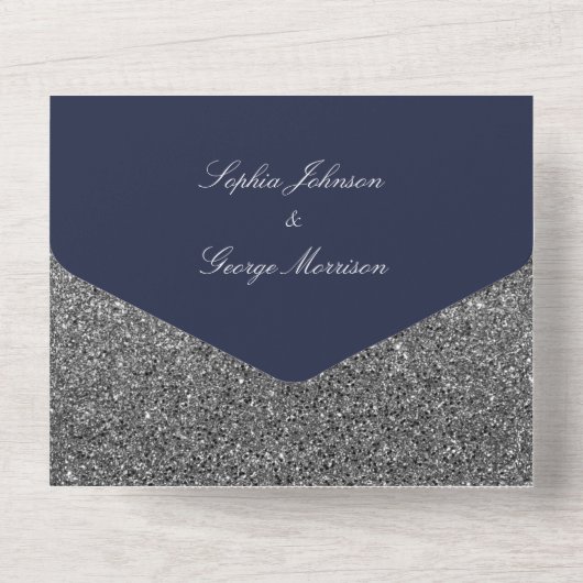 Invitation Tout En Un Mariage d'argent bleu marine moderne (Verso)