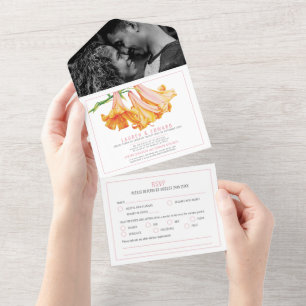 Invitation Tout En Un Mariage d'art botanique de lys orange RSVP options