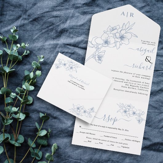 Invitation Tout En Un Mariage d'art linéaire bleu poussiéreux