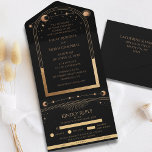 Invitation Tout En Un Mariage d'astronomie de la Lune d'or noir céleste<br><div class="desc">Le Mariage d'astronomie All In One de la Lune d'or céleste présente un soleil doré, une lune et des étoiles avec un cadre doré sur un arrière - plan noir. À l'intérieur, vous trouverez vos informations d'invitation de mariage personnalisées. Ci-dessous est la carte RSVP amovible avec trois options de choix...</div>