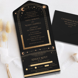 Invitation Tout En Un Mariage d'astronomie mystique Black Gold Sun Moon