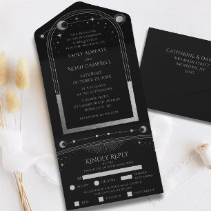 Invitation Tout En Un Mariage d'astronomie mystique en argent noir Sun M