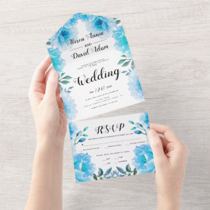 Invitation Tout En Un Mariage de automne de fleurs d'aquarelle bleu Aqua