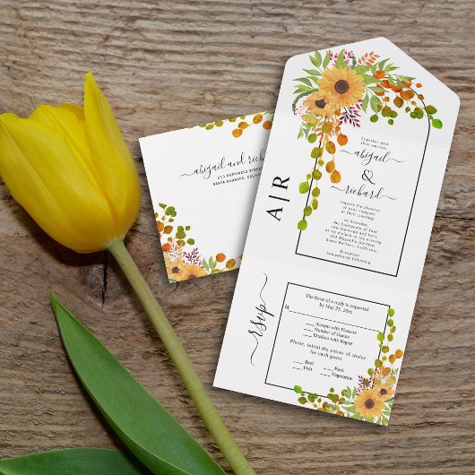 Invitation Tout En Un Mariage de automne de tournesol jaune, arc et init