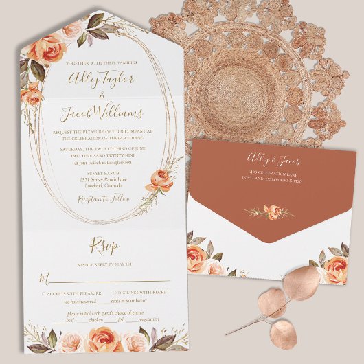 Invitation Tout En Un Mariage de automne Floral Boho en terre cuite avec