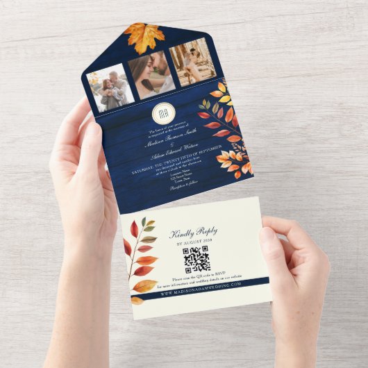 Invitation Tout En Un Mariage de automne Rustique bleu marine (Déchirure)