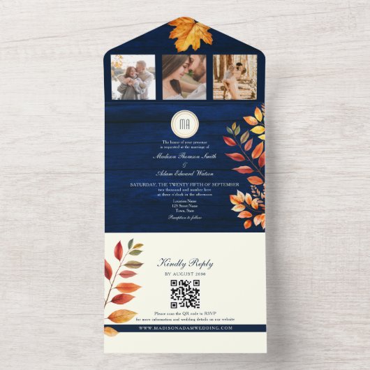 Invitation Tout En Un Mariage de automne Rustique bleu marine (À l'intérieur)