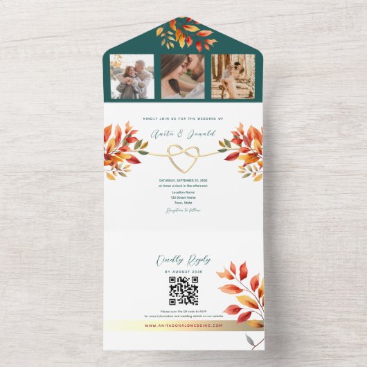 Invitation tout-en-un Mariage de automne turquoise (À l'intérieur)
