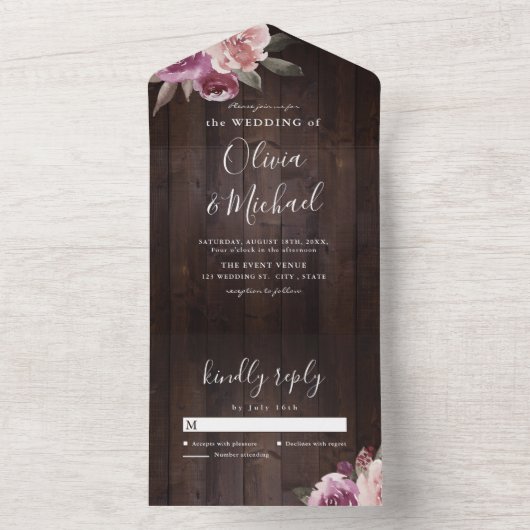 Invitation Tout En Un Mariage de bois rustique mauve et mûrier (À l'intérieur)