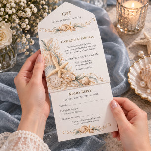 Invitation Tout En Un Mariage de bord de mer étoile de mer coquillage