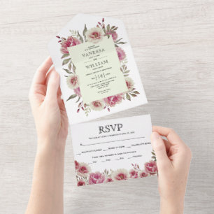 Invitation Tout En Un Mariage de bordure florale rose poussiéreux