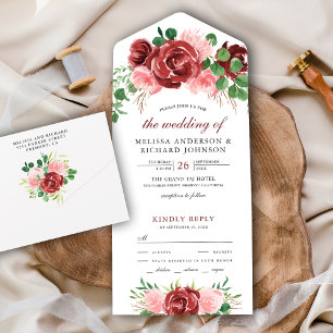Invitation Tout En Un Mariage de bouquet floral rouge rose et bordeaux