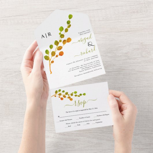 Invitation Tout En Un Mariage de branche de feuilles arrondies vert oliv (Déchirure)