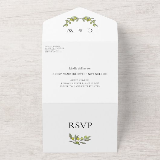 Invitation Tout En Un Mariage de branche Olive moderne (Dehors)