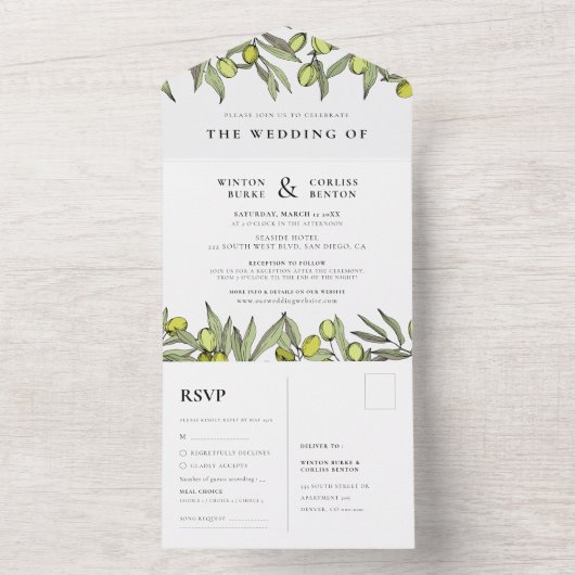 Invitation Tout En Un Mariage de branche Olive moderne (À l'intérieur)