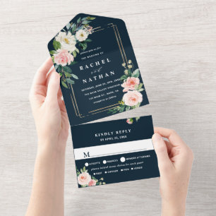 Invitation Tout En Un Mariage de cadre bleu or bleu marine à fleurs blan