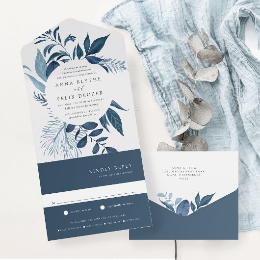 Invitation Tout En Un Mariage de cadre botanique bleu sauvage