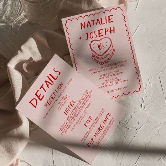 Invitation Tout en un Mariage de cadre de gâteau rouge rose m