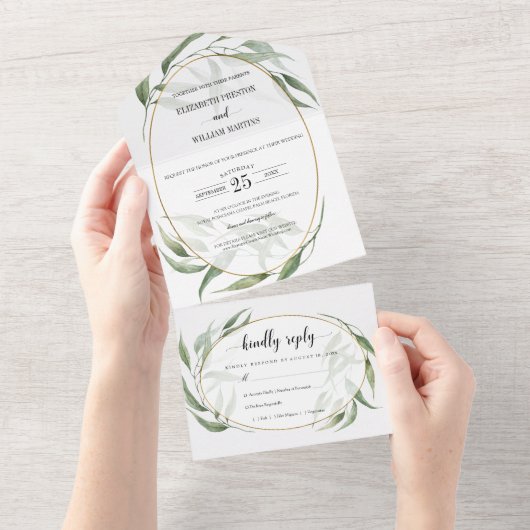 Invitation Tout En Un Mariage de cadre géométrique de feuillage vert ave (Déchirure)