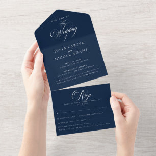 Invitation Tout En Un Mariage de calligraphie bleu ivoire classique