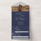 Invitation Tout En Un Mariage de calligraphie chic photo bleu marine (À l'intérieur)