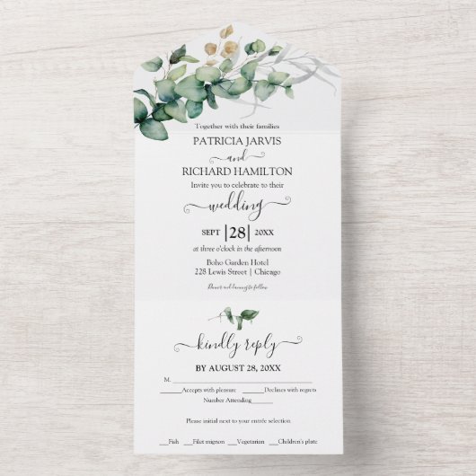 Invitation Tout En Un Mariage de calligraphie Eucalyptus de verdure rust (À l'intérieur)