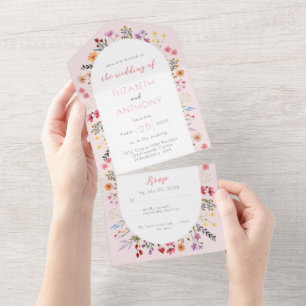 Invitation Tout En Un Mariage de calligraphie Fleur sauvage rose