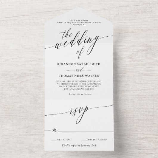 Invitation Tout En Un Mariage de calligraphie noir blanc (À l'intérieur)