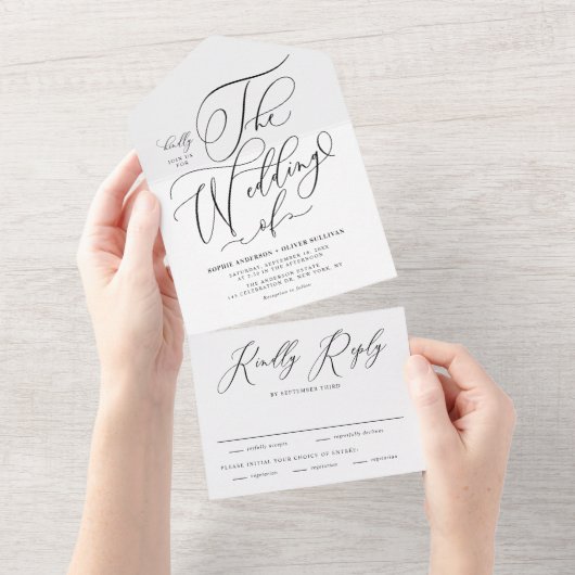 Invitation Tout En Un Mariage de calligraphie Whimsical Black Elegant (Déchirure)