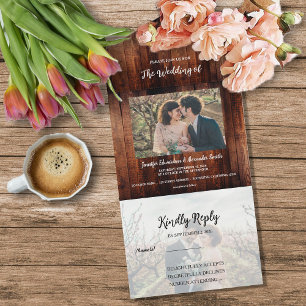 Invitation Tout En Un Mariage de campagne photo en bois rustique de gran