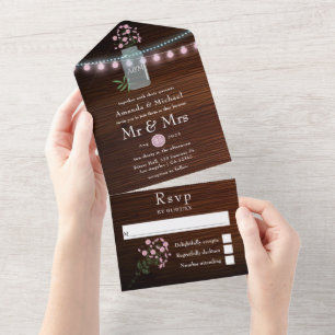 Invitation Tout En Un Mariage de campagne rustique rose et bleu Cosmos g