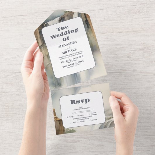 Invitation Tout En Un Mariage de cascade de Rustic Mountain (Déchirure)