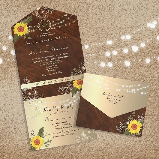 Invitation Tout En Un Mariage de chaîne de tournesol rustique
